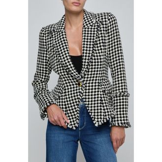 L'agence Kaisley Fray Hem One-Button Blazer in Black/Ivory Diamond Tweed at Nordstrom, Size 10