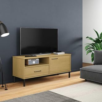 vidaXL Vidaxl - Mueble De Tv Con Patas De Metal Oslo Madera Maciza Pino Marr&oacute;n