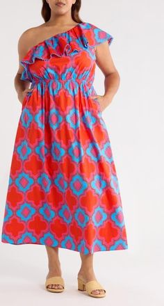 Sugarlips Devany Suraya One-Shoulder Cotton Maxi Dress in Red/Blue/Multi at Nordstrom, Size 3 X