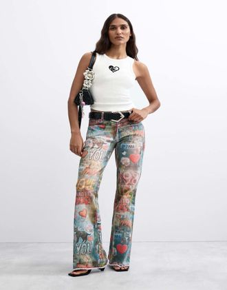 Desigual Jeans a zampa blu con stampa