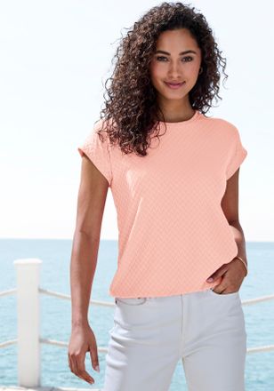 Vivance Kurzarmshirt VIVANCE mit modischem Jacquard-Muster, Damen, Gr. 32/34, peach, Single Jersey, Obermaterial: 63% Polyester, 29% Viskose, 8% Elasthan, uni