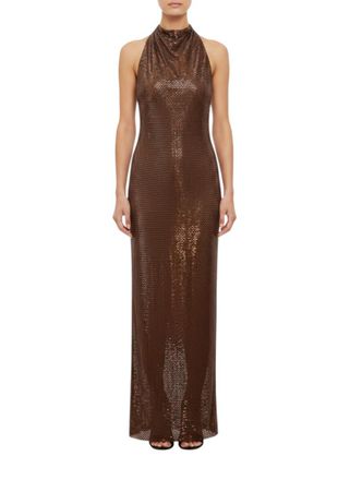 Self Portrait Brown Embellished Halter Neck Maxi Dress