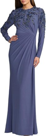 Mac Duggal High Neck Long Sleeve Beaded Jersey Gown in Blue Haze at Nordstrom, Size 20