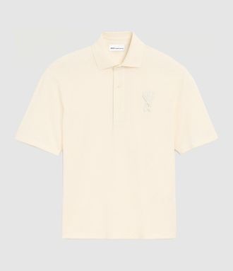 Ami Polo Boxy Fit Ami De Coeur Knitted Patch Blanc Cr&egrave;me