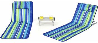 Costway Costway - Set di 2 Lettini da Spiaggia Pieghevole, Schienale Regolabile, Set di Tappetini da Spiaggia con un Tavolino, per Rilassarsi allesterno e