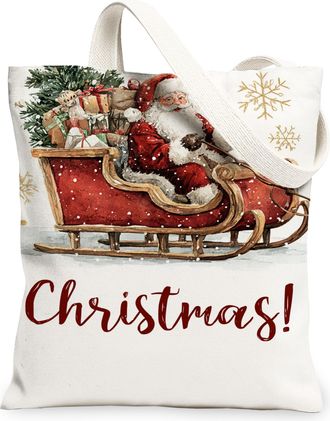 Generic Christmas Sleigh Canvas Tote Bags, Holiday Decor Lightweight Washable Shoulder Strap Reusable Grocery Bags for Travel Beach, White, 13x15 Inch