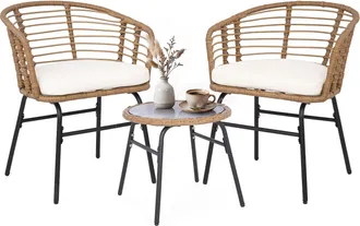 Costway Costway Set Salotto Salottino Mobili Giardino Esterno 2 Posti Tavolo Tavolino Rotondo Vetro Sedie Divanetti Divano Poltrone Cuscino Imbottito Morbido 