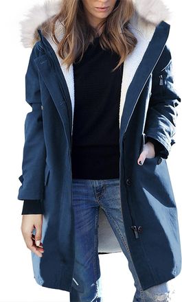 Generic Long Winter Coats for Women Plus Size Winter Outerwear Shearling Fleece Lined Maxi Jackets with Faux Fur Hood Blue