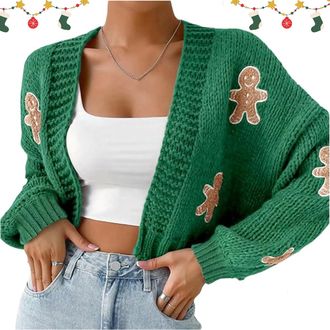 Generic Gingerbread Sweater Women, Christmas Womens Gingerbread Man Cardigan, Cartoon Print Drop Shoulder Cardigan (Green,L)