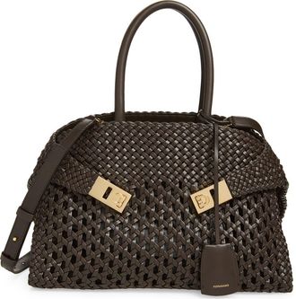 Ferragamo Small Hug Woven Leather Top Handle Bag in Testa Di Moro at Nordstrom