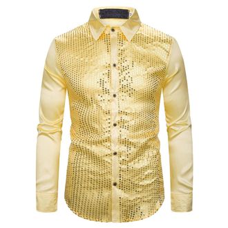 Generic Mens Dress Shirt Carnival Sequins Long Sleeve Button Down Shirts 70s Disco Glitter Hot Stamped Dance Top for Retro Party Club Night Out