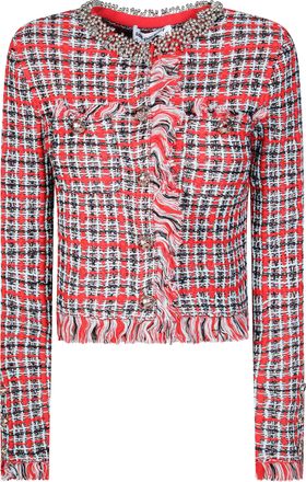 Self Portrait Red Check Frayed Edge Cropped Jacket