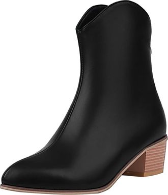 Generic 2023 Korean Style Womens Pointed Toe Ankle Boots Elevated Block Heel Western Leather Design Solid Colour Large Sizes (Black, 5.5)