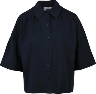 Alpha Studio Midnight Blue Cropped Stretch Cotton Shirt