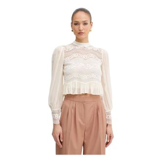 Twinset Overhemden, Dames, Beige, M, Top met kanten inzetstukken en ruches
