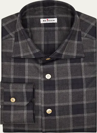 Kiton Mens Cotton Windowpane Check Button-Down Shirt