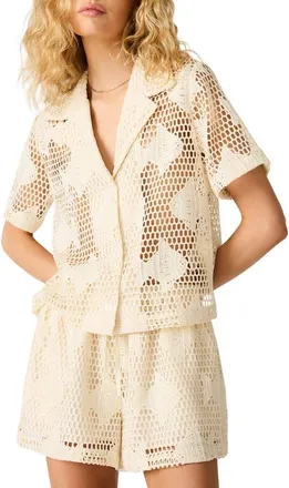 Steve Madden Sandra Fish Sheer Lace Camp Shirt in Ivory at Nordstrom, Size X-Small