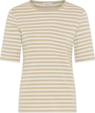 GANT T-Shirt GANT SLIM STRIPED 1X1 RIBBED KA T-SHIRT, Damen, Gr. XXL, grau (country beige), Jersey, Obermaterial: 95% Baumwolle, 5% Elasthan, slim fit h&uuml;ft