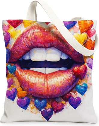 Generic Artistic Heart Pattern Canvas Tote Bags, Colorful Lips Design Reusable Grocery Bags, Lightweight Washable Shoulder Strap Tote for Shopping Travel Beac