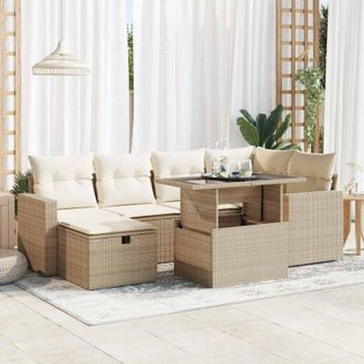 vidaXL Vidaxl - Set Sof&aacute;s De Jard&iacute;n 7 Piezas Y Cojines Rat&aacute;n Sint&eacute;tico Beige