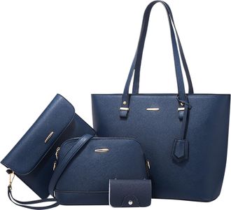 Generic Stylish Women Retro Large Capacity Four Piece Set Tote Messenger Bag Clutch And Wallet Combo (Blue, One Size)