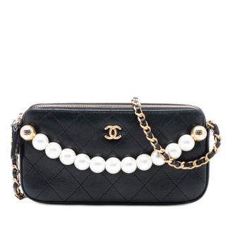Chanel Black Quilted Goatskin Chic Pearls Double Zip Clutch With Chain
