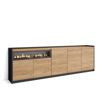 Skraut Home Aparador efecto madera roble y negro 263x37x80cm chimenea efecto fuego
