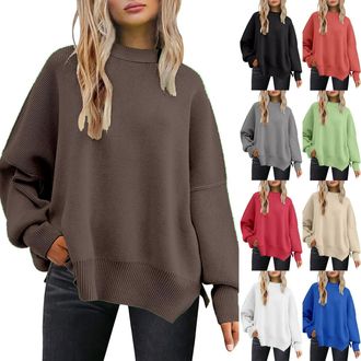Generic Christmas Jumpers for Women,Womens Jumpers Winter Casual Crew Neck Knitted Sweaters Long Sleeve Loose Pullover with Side Slit Jumper Tops Sweatshirt,C