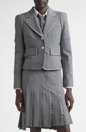 Thom Browne Crop Sculpted Shoulder Wool Seersucker Jacket in Light Grey at Nordstrom, Size 8 Us