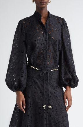 Zimmermann Rhiannon Guipure Lace Trim Cotton Shirt in Black at Nordstrom, Size 0P