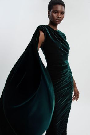 Karen Millen Womens Stretch Velvet Crew Neck Cape Shoulder Maxi Dress - Emerald - Size X-Small