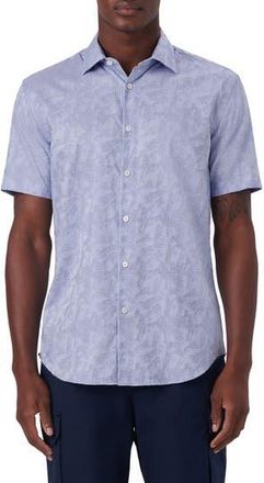 Bugatchi Floral Pincheck Short Sleeve Stretch Cotton Shirt in Air Blue at Nordstrom Rack, Size Medium