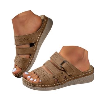 Generic Womens Leather Platform Slide Sandals Chunky Sole Strappy Flat Comfortable Open Toe Slippers with Perforation Design Light Brown Sole with Stitching f