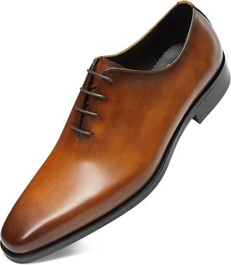 Generic Oxford Dress Shoes for Men Lace Up Derby Shoes Square Burnished Toe Leather Slip Resistant Rubber Sole Block Heel Low Top Business(Brown,7.5 UK)