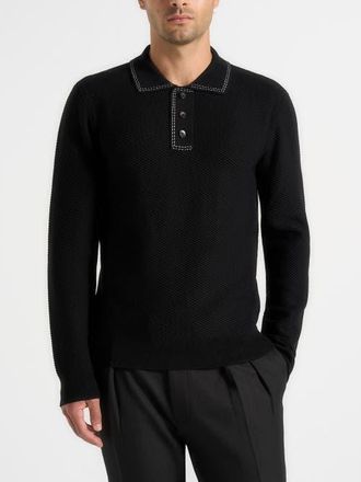 Mani&egrave;re De Voir Aymeric Whipstitch Detail Long Sleeve Knit Polo Shirt in Black at Nordstrom, Size X-Small