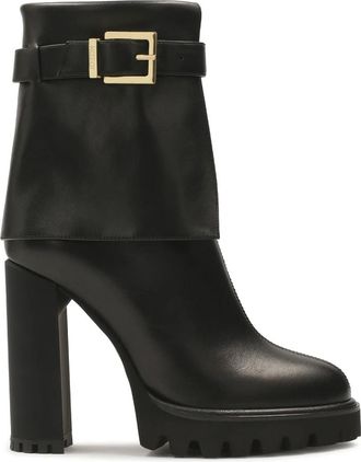 Kazar Zwarte leren laarzen met omgeslagen bovenkant. Dit product valt klein uit. - Dames - Laarzen met Hak - Zwart - 38 EU - Leer - Schoenen