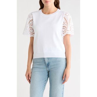 Nanette Lepore Embroidered Eyelet Short Sleeve Twofer Sweater in White at Nordstrom Rack, Size X-Large