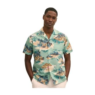 Brooks Brothers Island Print Cotton Camp Shirt - Heren - Korte mouwen Overhemden - Blauw - M - Katoen - Overhemden