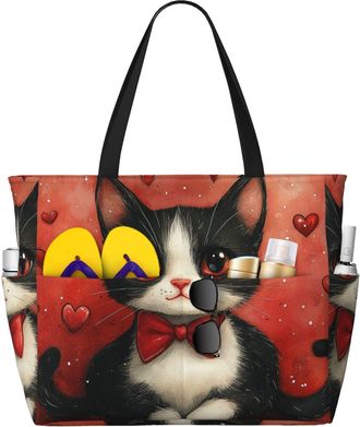Generic Love Hearts Cats Print Large Beach Bag Foldable Travel Shoulder Tote Bag With Pocket For Weekender Pool Vacation