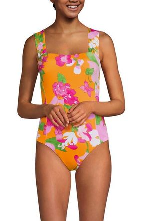 Lands End Square Neck High Leg One Piece Swimsuit in Sweet Mango Lilies at Nordstrom, Size 2