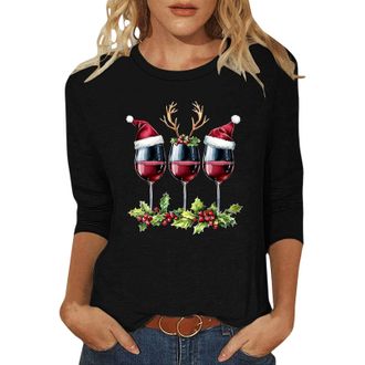 Generic 2025 Christmas Shirts for Women UK Funny Red Wine Glass Graphic Xmas Jumpers Cute Snowflake Print Ladies T Shirts Cotton 3/4 Length Sleeve Womens Tuni