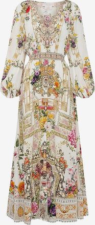 Camilla Langes bedrucktes Seidenkleid mit Kristallen Raglan Shirred Waist Egyptian Rose