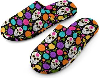 Generic Colourful Skull Flowers Mens Slippers Warm Non-Slip Houes Shose Spa Slipper for Home Bedroom