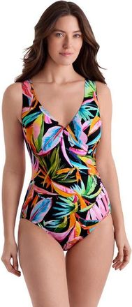 Longitude Side Shirred Surplice Long Torso One-Piece Swimsuit in Tropicana at Nordstrom, Size 10
