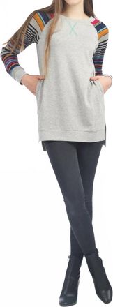Papillon Step Hem Tunic With Multi Striped Sleeves In Grey