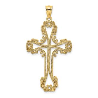 Diamond2Deal 14k Yellow Gold Beaded Cut-Out Cross w/ Swirled Design Charm Pendant