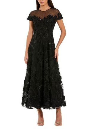 Mac Duggal Embellished Lace Illusion Neck A-Line Midi Dress in Black at Nordstrom, Size 12
