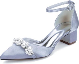 Generic Bridal Shoes Womens Block Heel Pearl Satin Closed Pointed Toe Low Heel Pump Party Wedding Dress Shoes 4.5Cm,Silver,10 UK