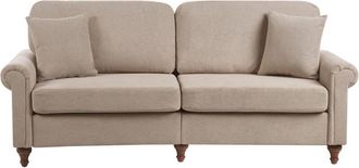 Beliani 3 Seater Sofa Taupe Fabric Upholstery Scrolled Arms Wood Frame Throw Pillows Modern Living Room GINNERUP