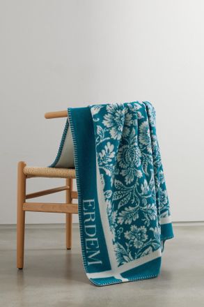 Erdem Copriletto In Misto Lana E Cashmere Con Motivo Floreale Jacquard - Blu